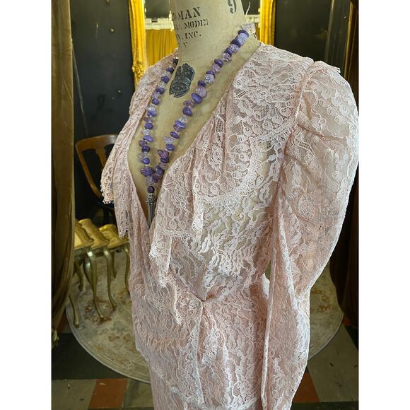 vintage 1980s sheer pink lace suit 80s fashion puff shoulders wrap blouse skirt - Picture 8 of 10